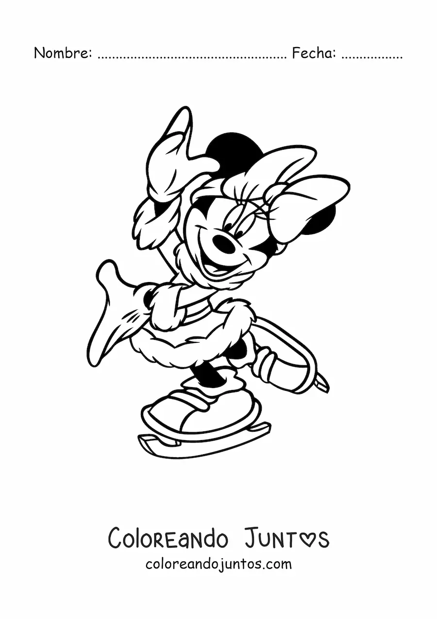 Imagen para colorear de Minnie vestida de invierno patinando en Navidad