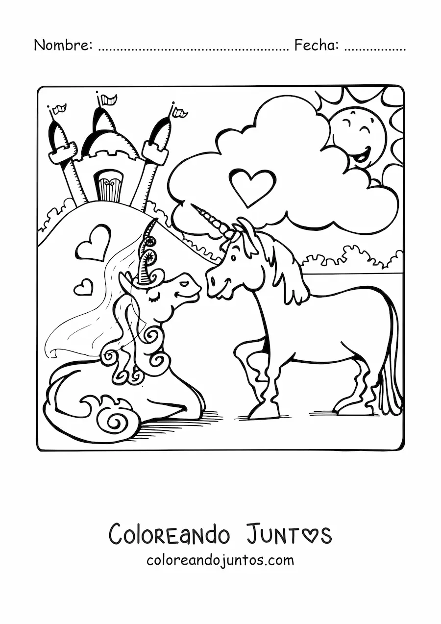 Imagen para colorear de una princesa unicornio con un príncipe unicornio y un castillo de fondo