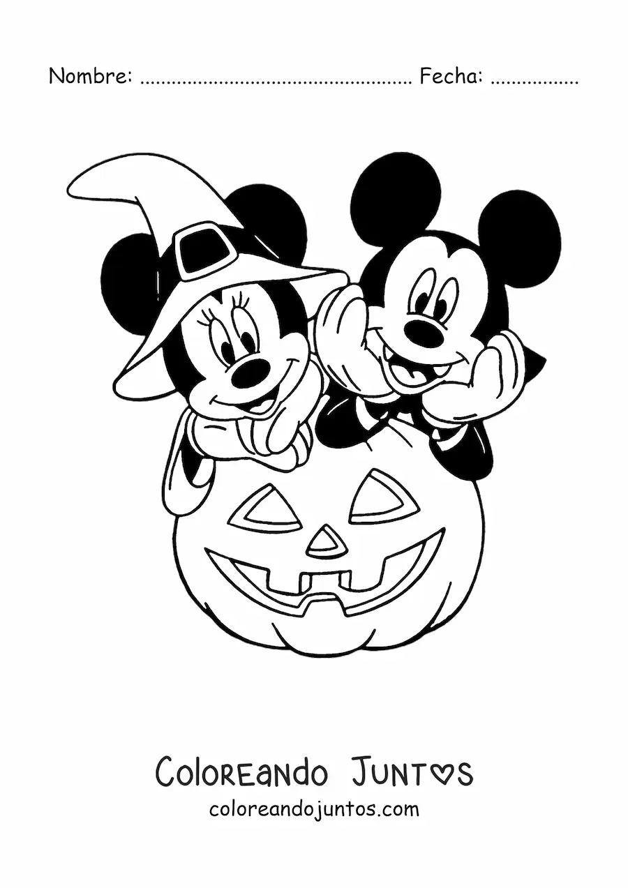 Imagen para colorear de Minnie y Mickey en Halloween disfrazados junto a una calabaza grande