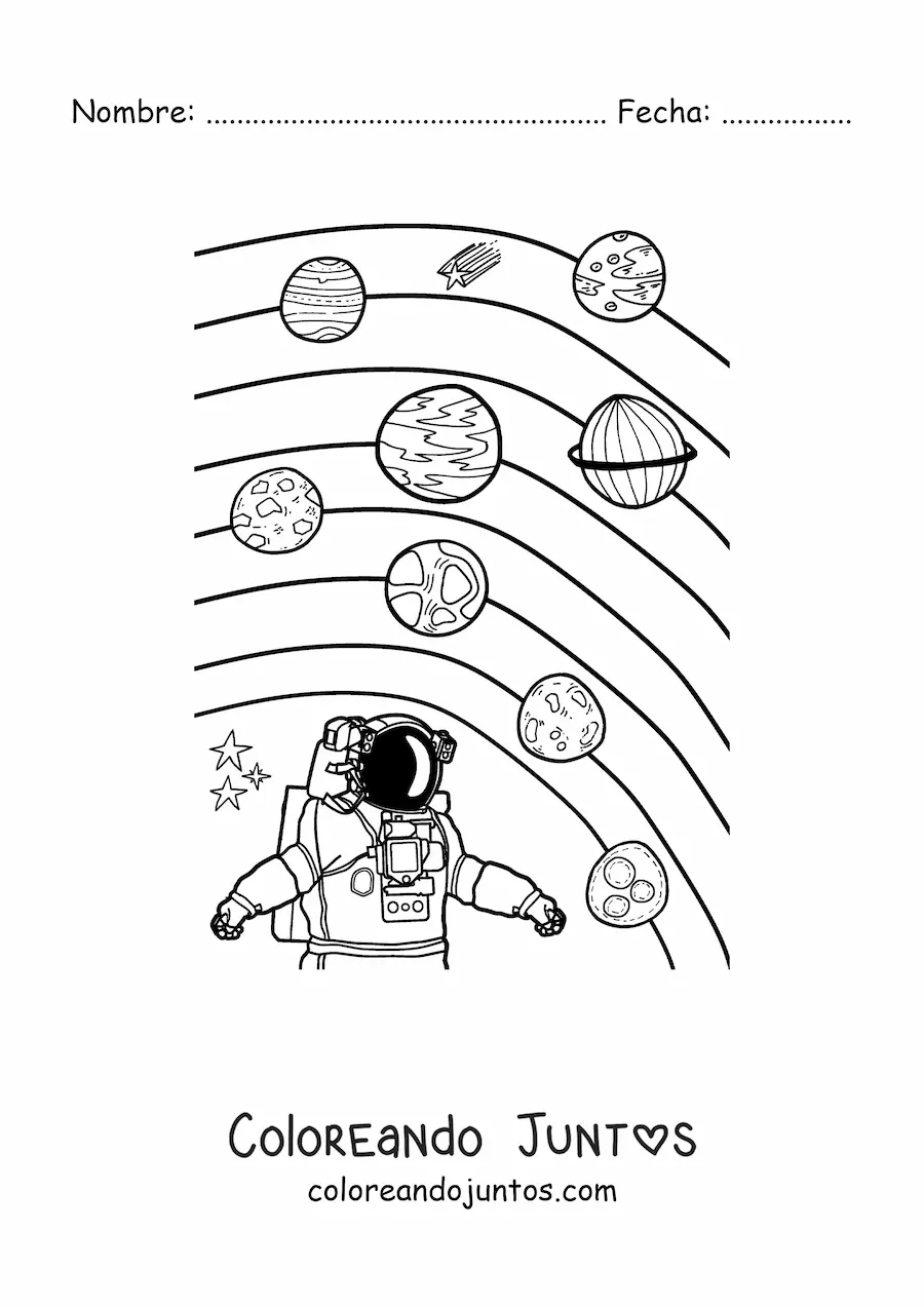 Imagen para colorear de un astronauta y los planetas del Sistema Solar actual