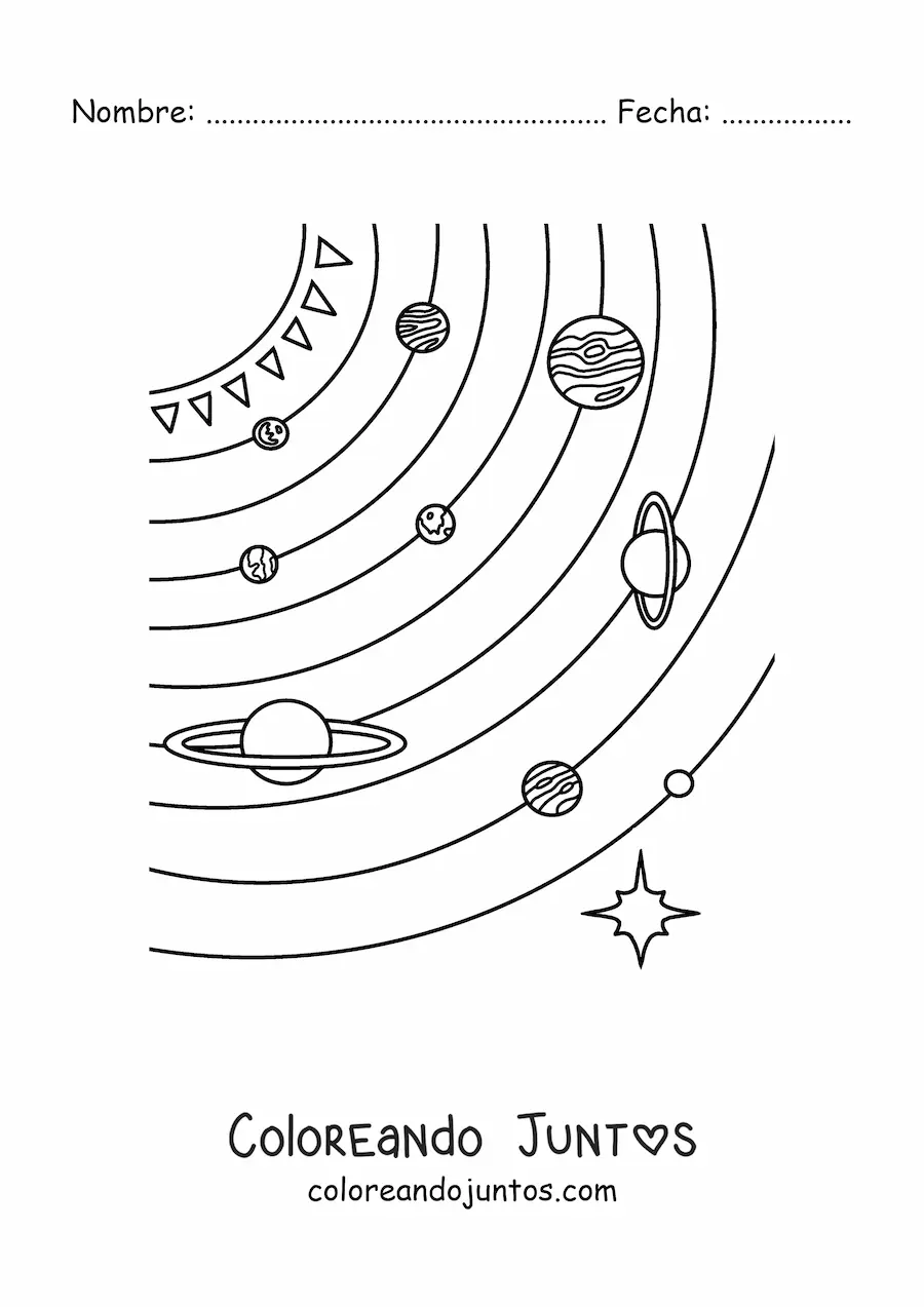 Imagen para colorear de los planetas del Sistema Solar con sus órbitas completas y Plutón a escala