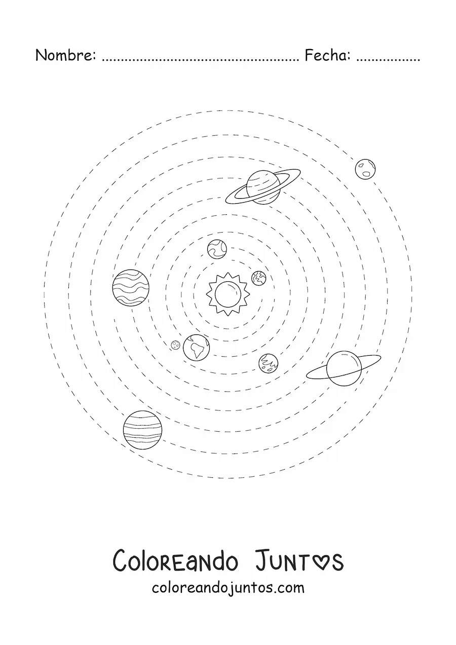 Imagen para colorear del Sistema Solar con los 9 planetas