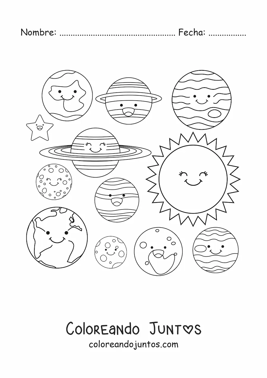 Imagen para colorear de planetas del Sistema Solar con un Sol kawaii