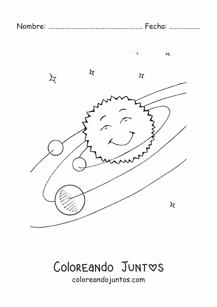 Imagen para colorear de Sistema Solar con un Sol kawaii