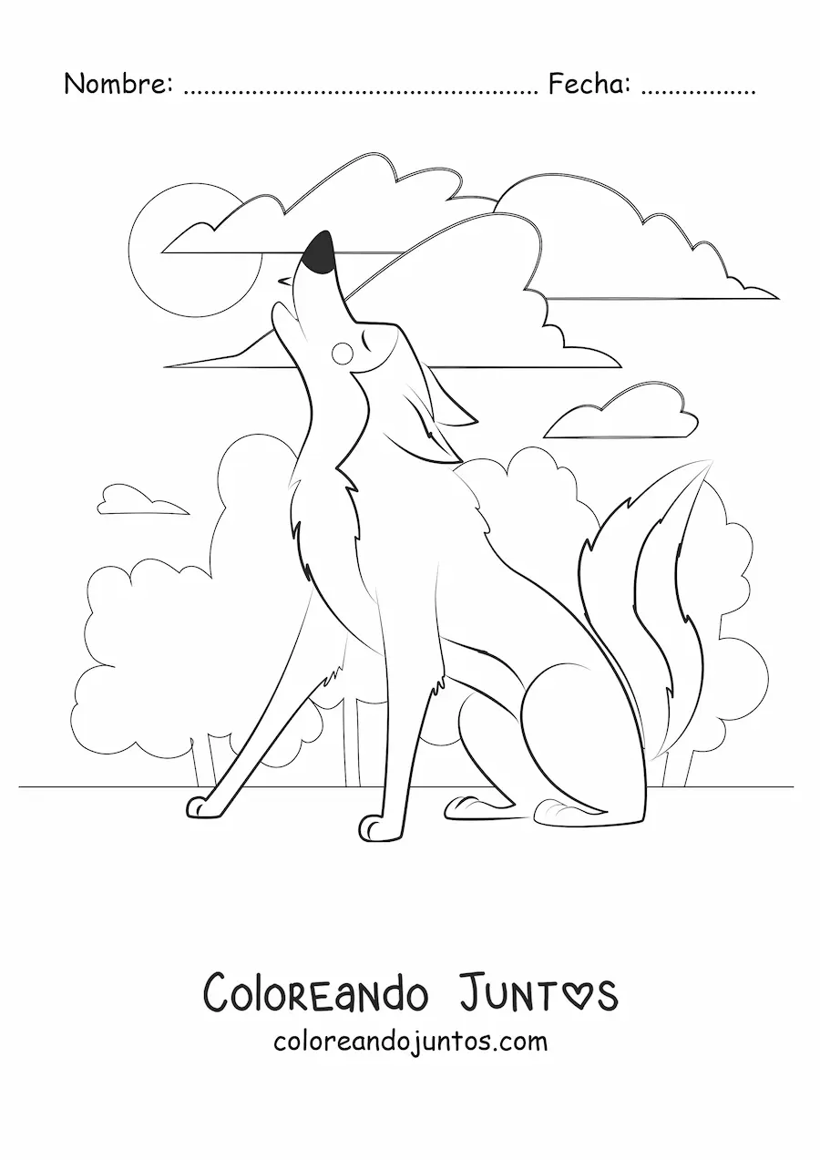 Imagen para colorear de un lobo animado aullando a la luna