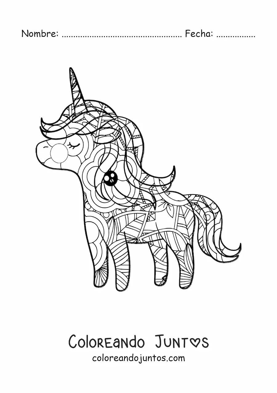 Imagen para colorear de un mandala de unicornio kawaii
