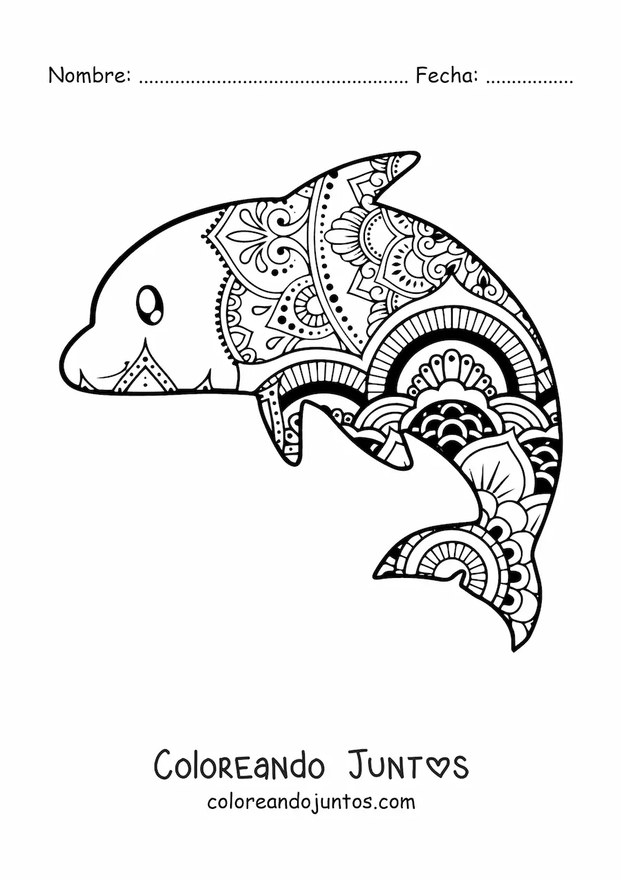 Imagen para colorear de un mandala de delfín kawaii