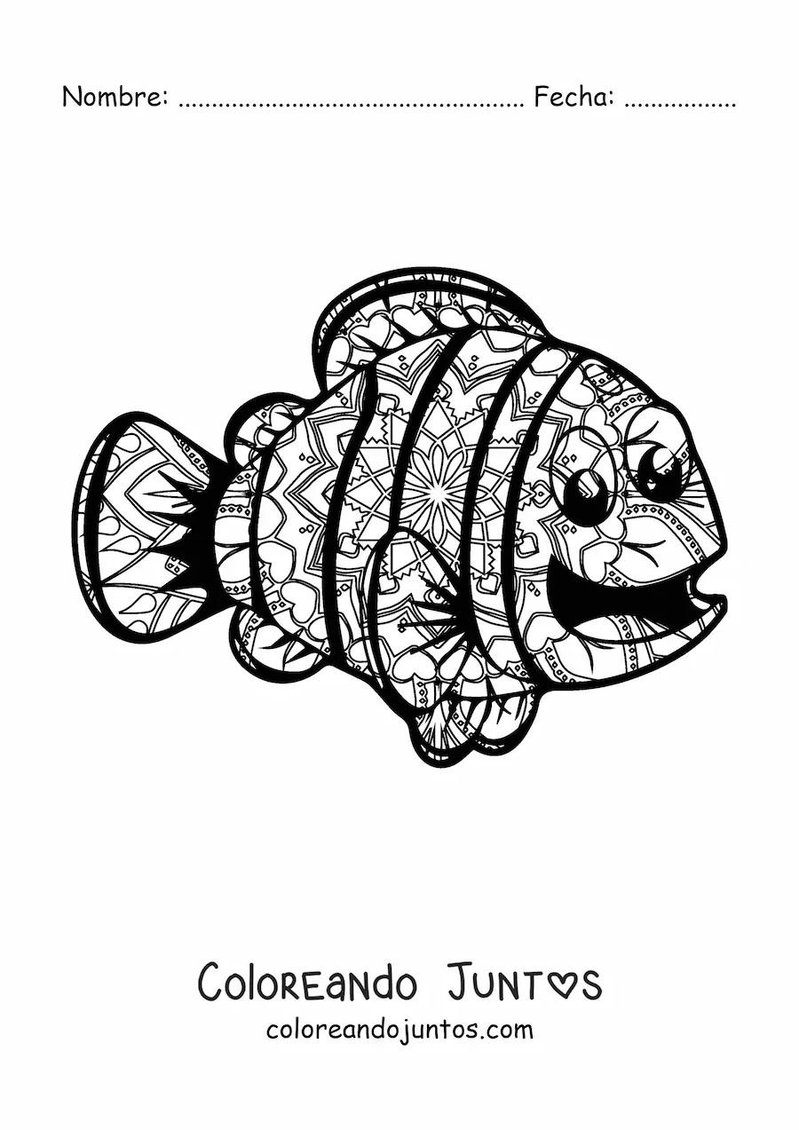 Imagen para colorear de un mandala de pez kawaii