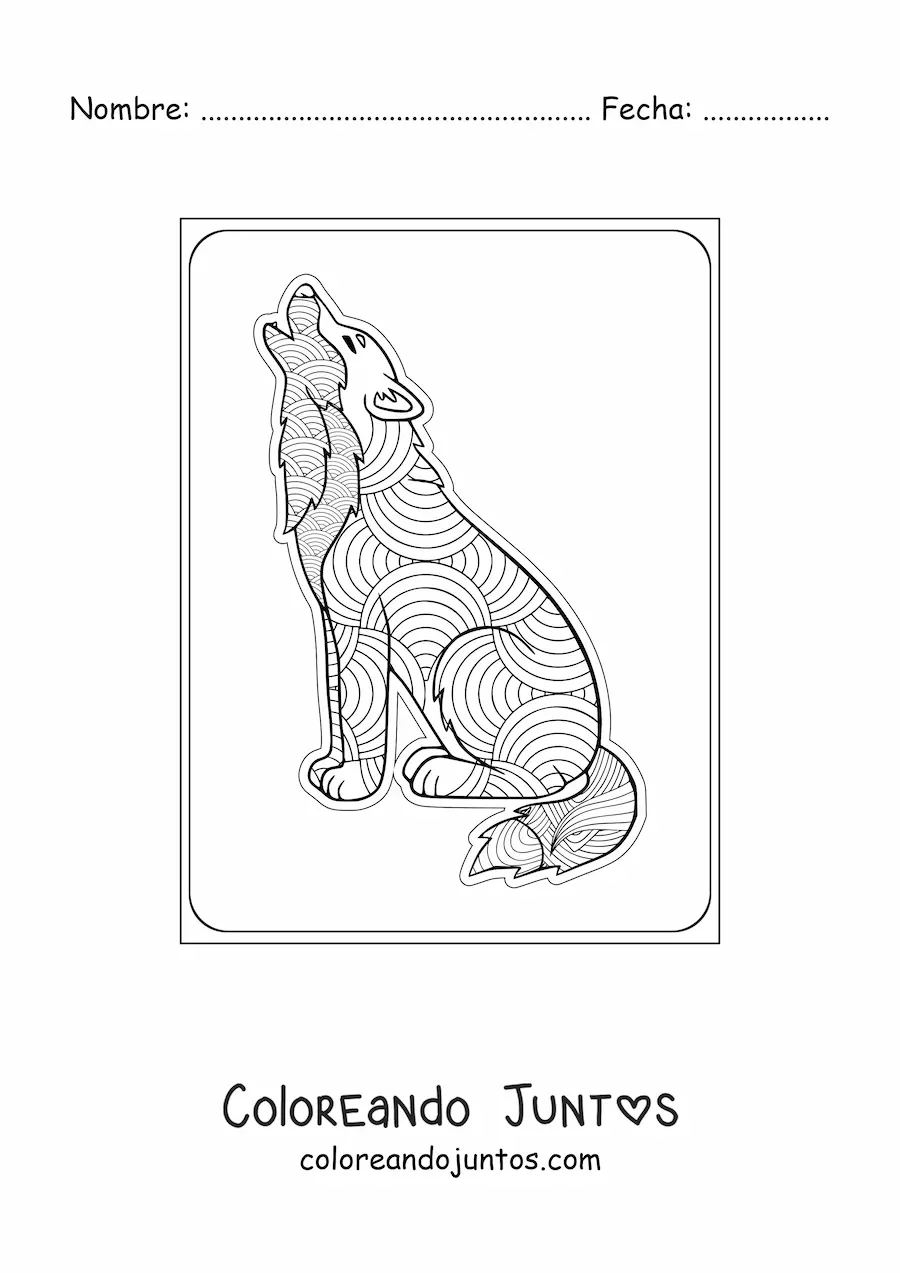 Imagen para colorear de un mandala de lobo aullando