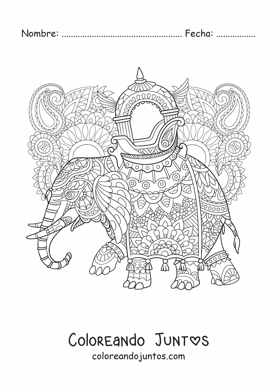 Imagen para colorear de un mandala de elefante difícil