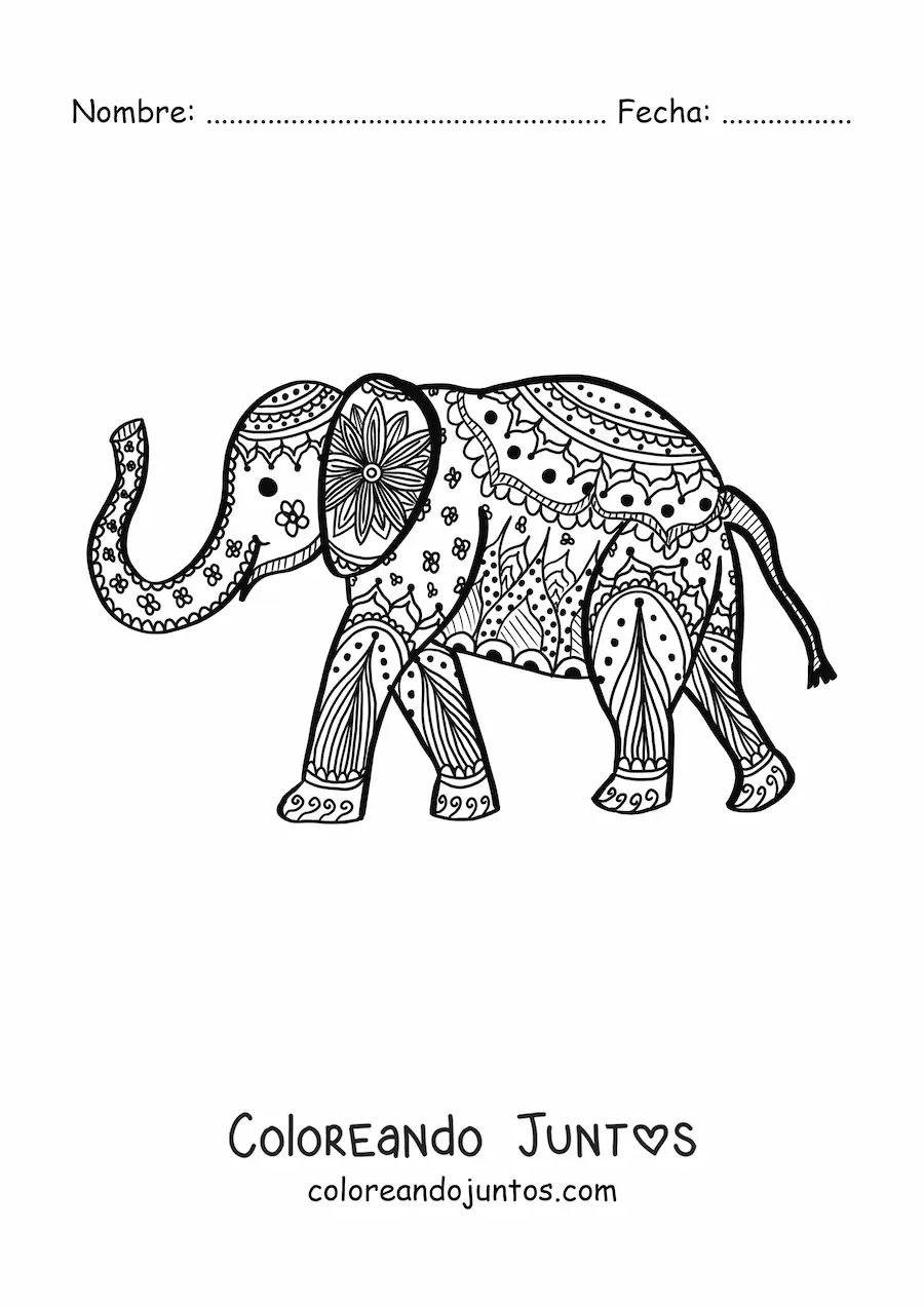 Imagen para colorear de un mandala de elefante caminando