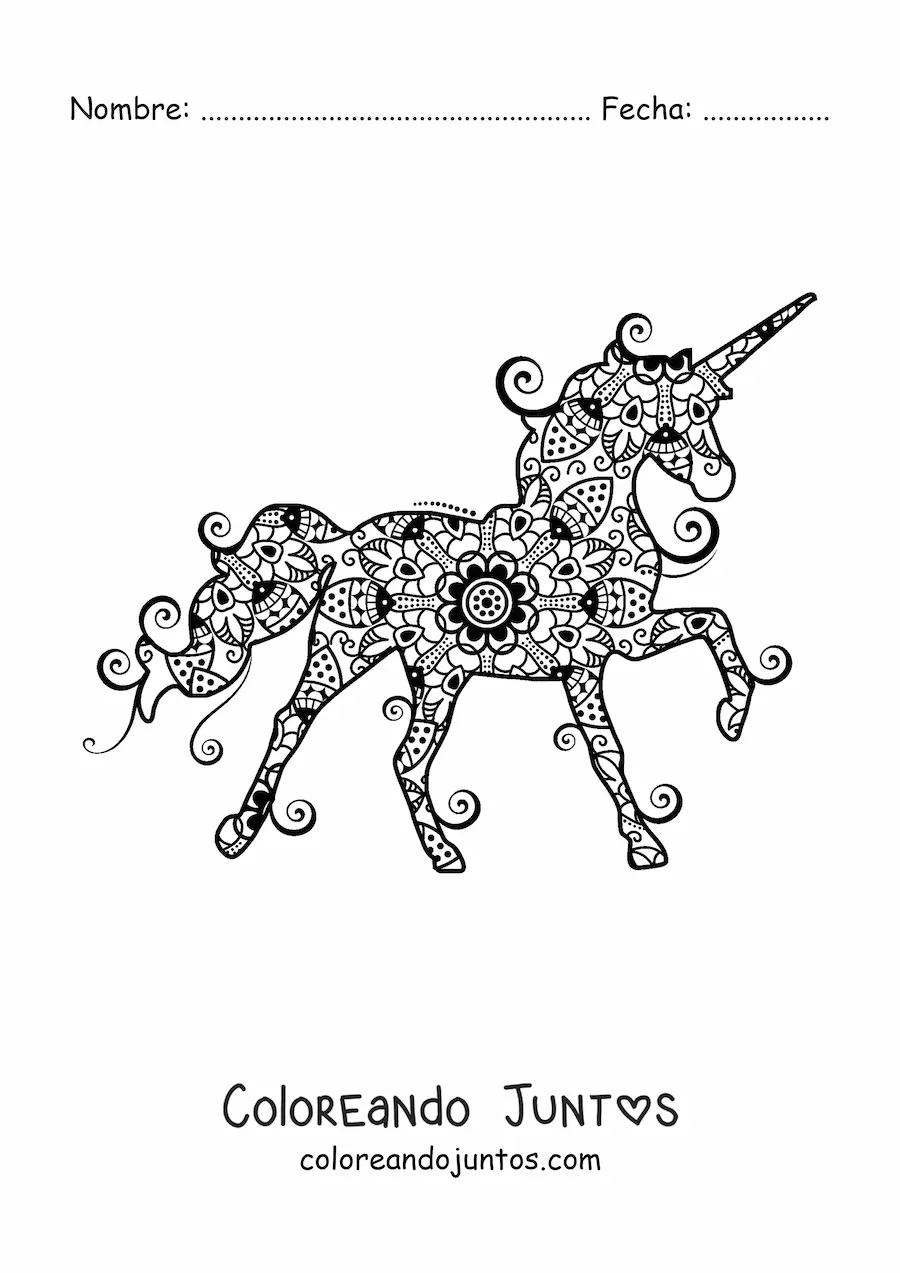 Imagen para colorear de un mandala de unicornio