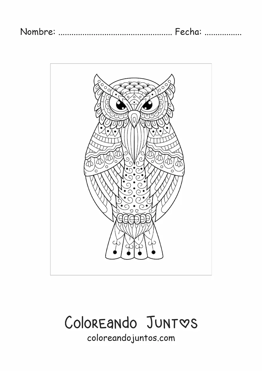 Imagen para colorear de un mandala de búho difícil