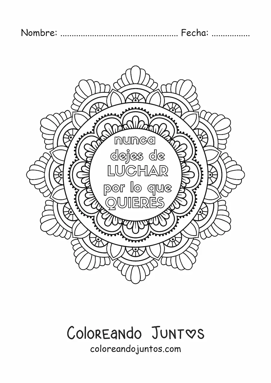 Imagen para colorear de un mandala con la frase nunca dejes de luchar por lo que quieres