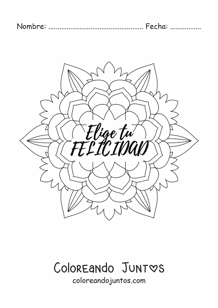 Imagen para colorear de un mandala con la frase elige tu felicidad