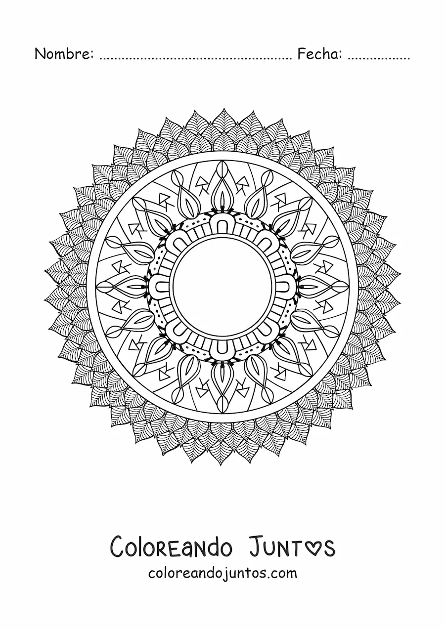 Imagen para colorear de un mandala difícil de la naturaleza