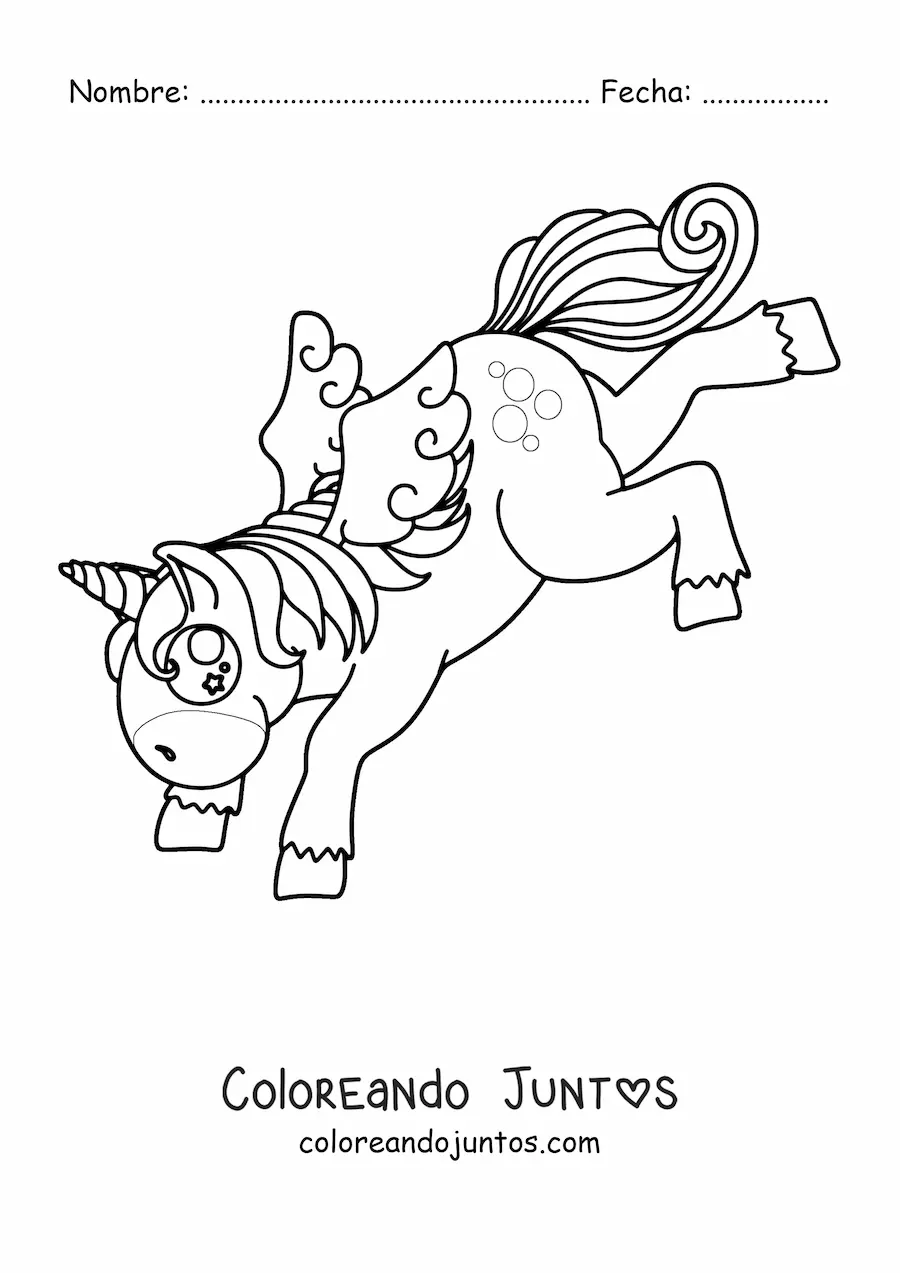 Imagen para colorear de un unicornio animado bailando sobre sus patas delanteras