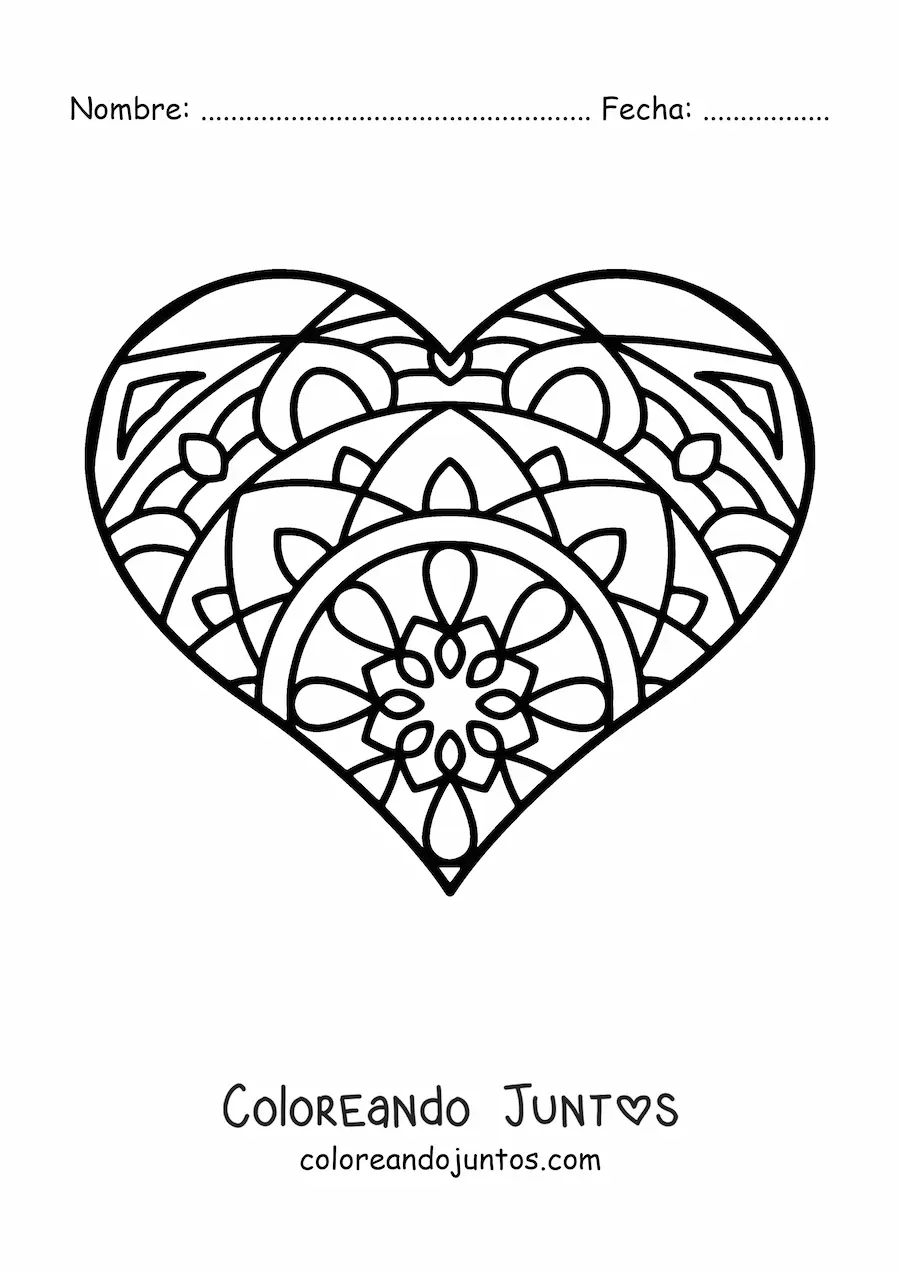 Imagen para colorear de corazón con mandala estilo Zentangle