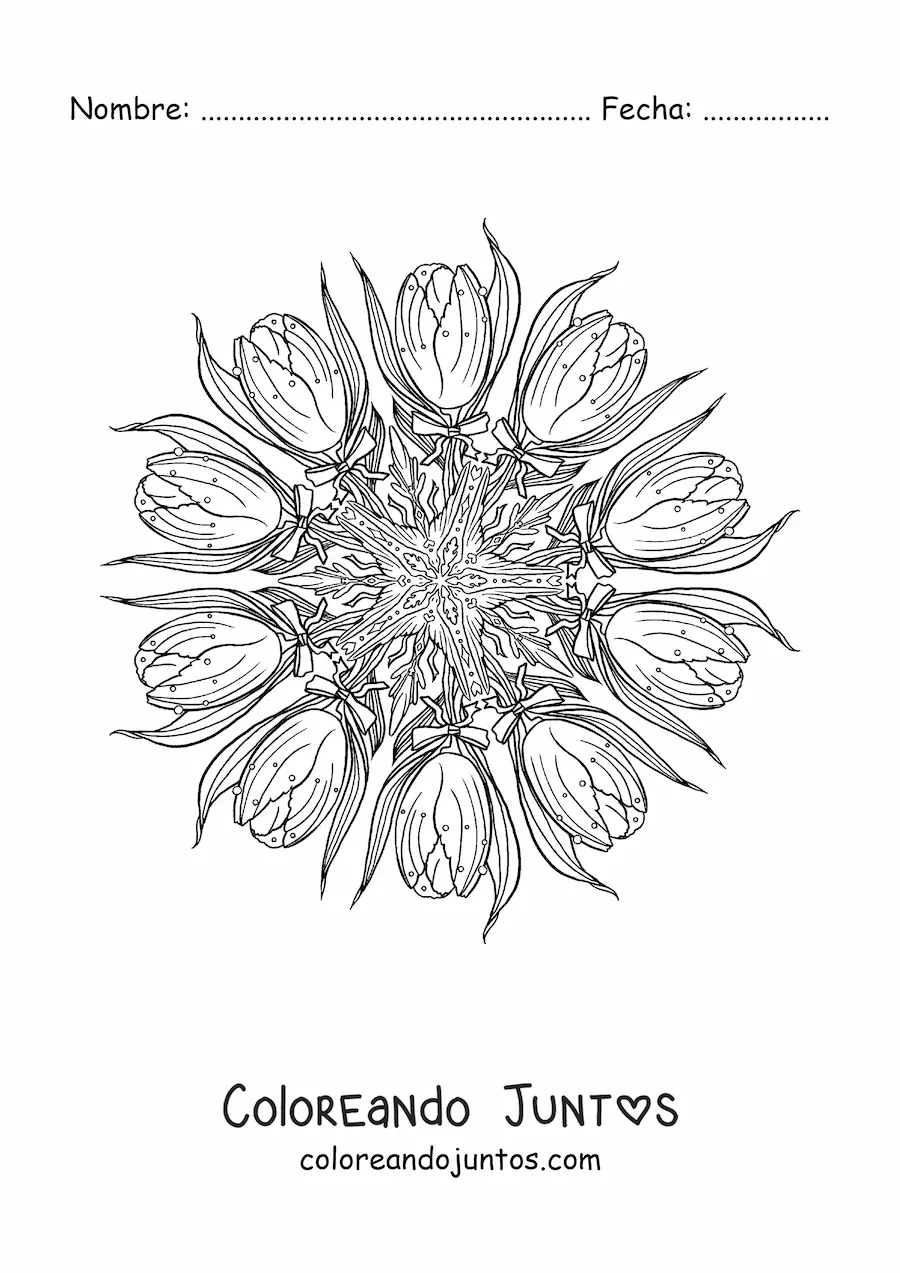 Imagen para colorear de un mandala de tulipanes