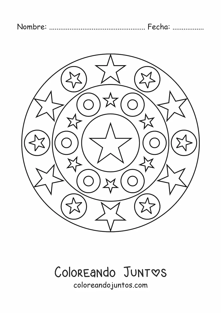 Imagen para colorear de un mandala fácil con estrellas