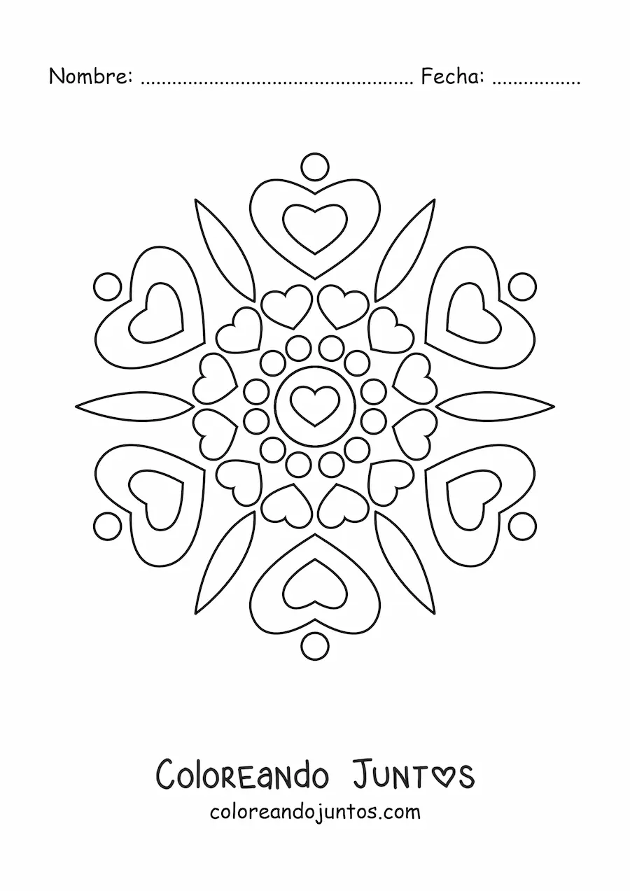 Imagen para colorear de un mandala fácil con corazones