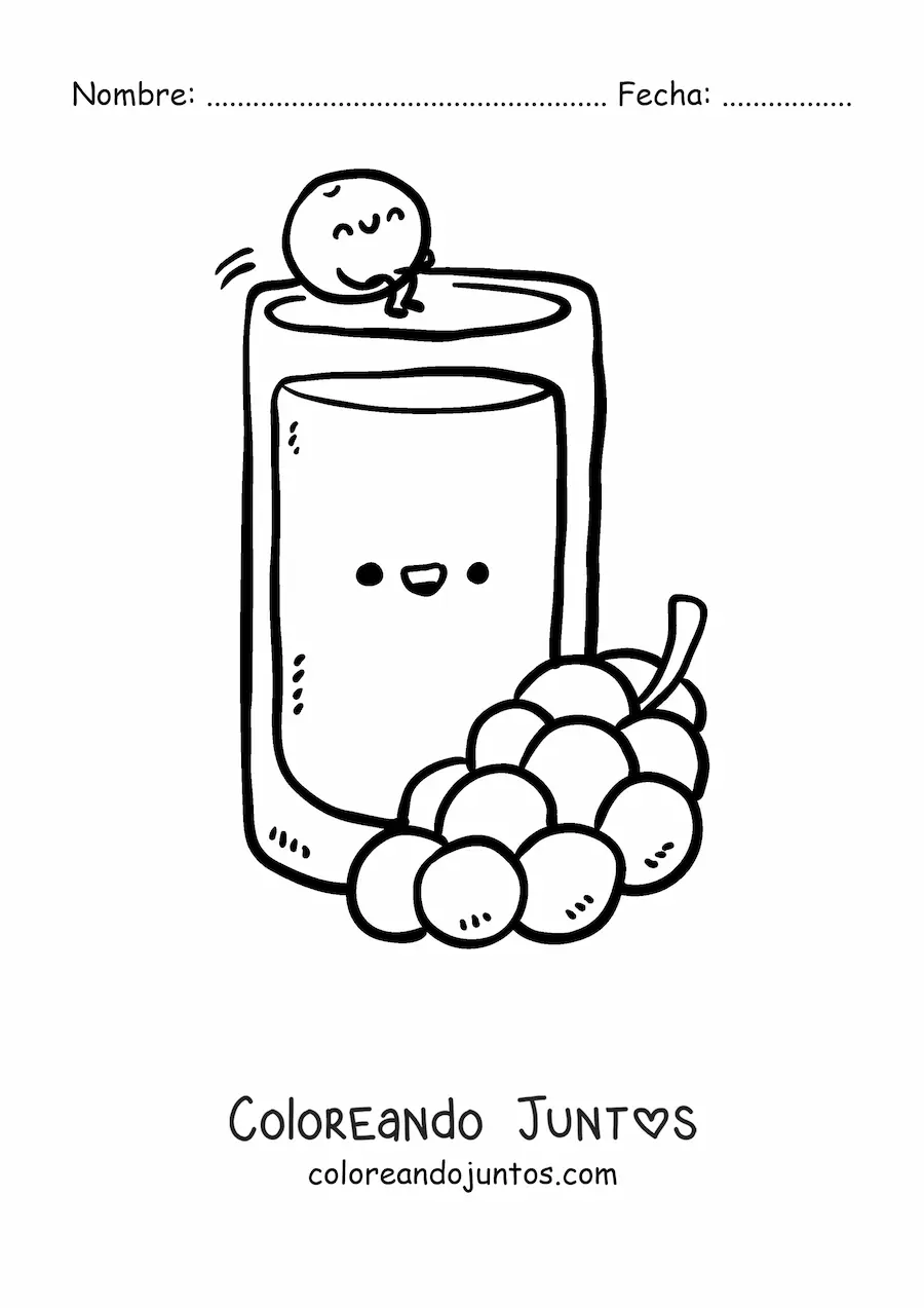 Imagen para colorear de un vaso con jugo de uva y uvas kawaii