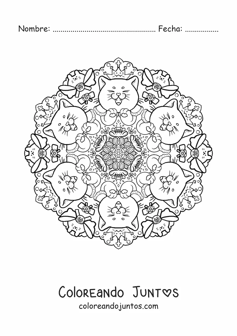 Imagen para colorear de mandala de gatos para niños de primaria