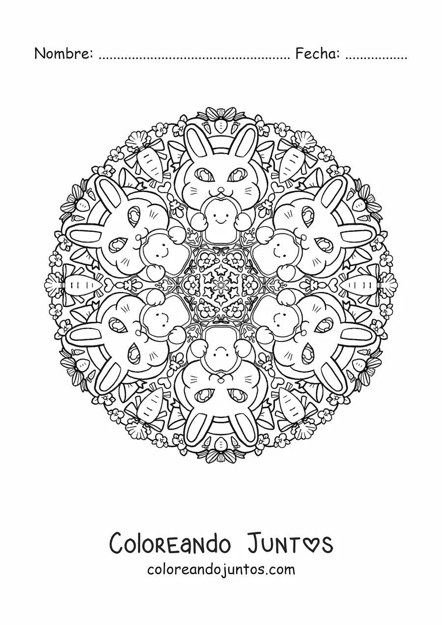 Imagen para colorear de mandala de conejos comiendo para niños de primaria