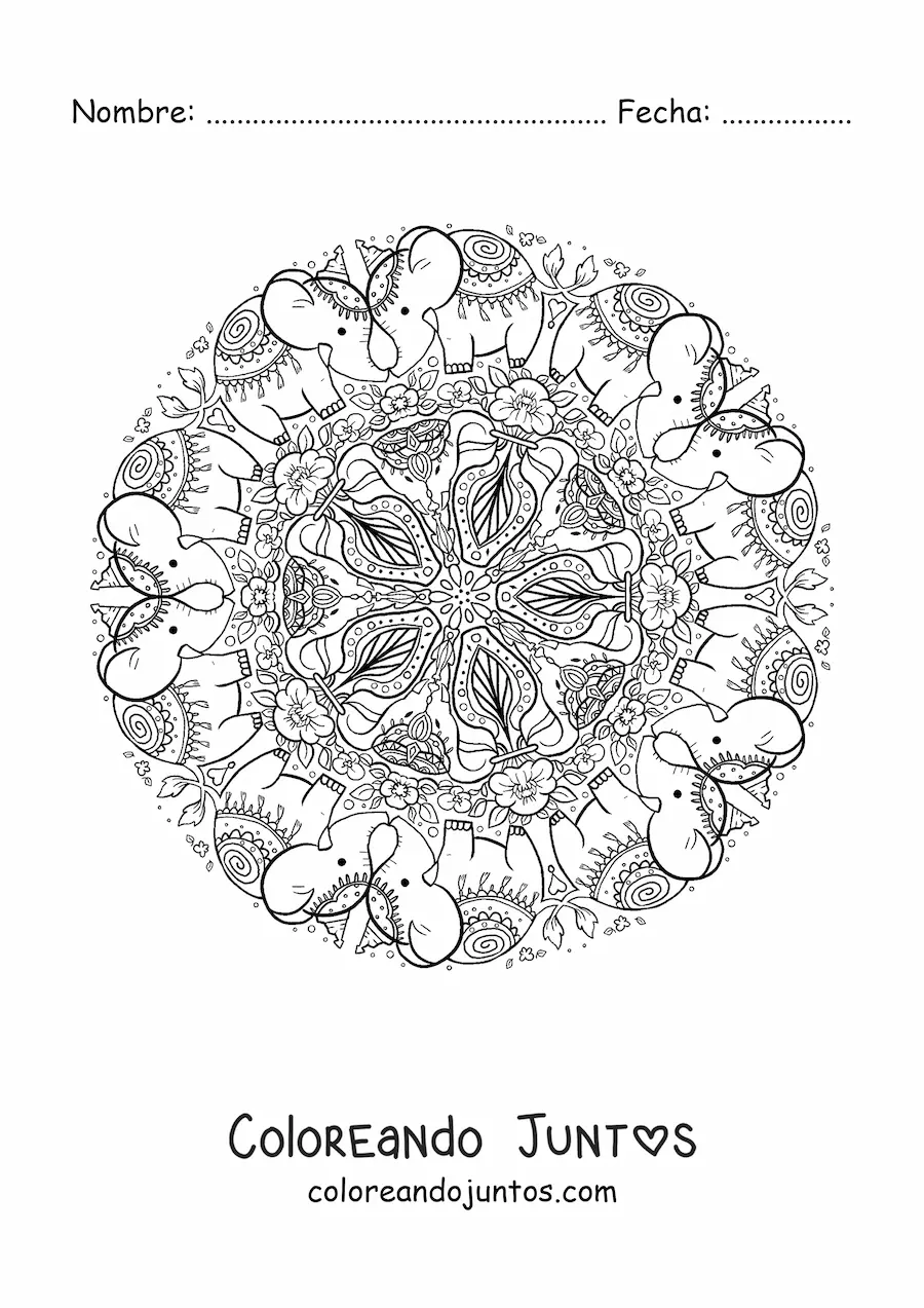 Imagen para colorear de mandala de elefantes para niños de primaria