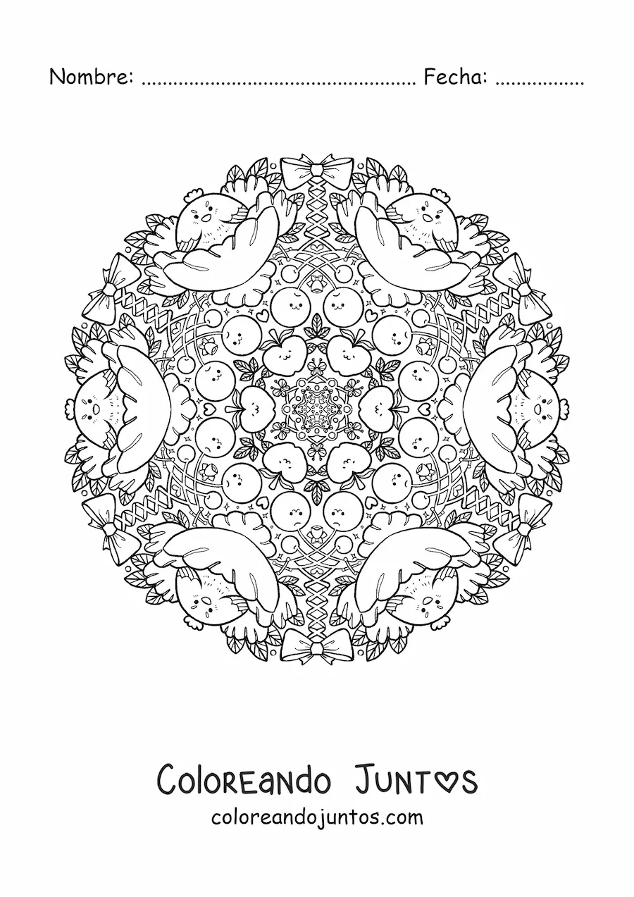 Imagen para colorear de mandala de gallinas y frutas para niños de primaria