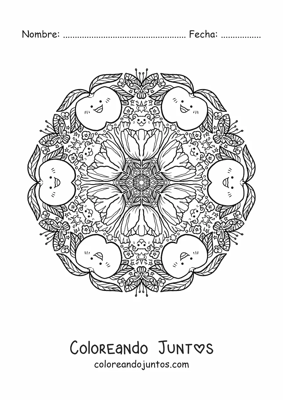 Imagen para colorear de mandala de manzanas para niños de primaria