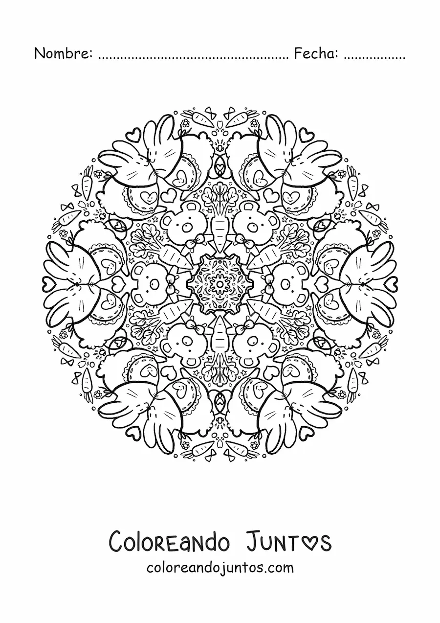 Imagen para colorear de mandala de conejos enamorados para niños