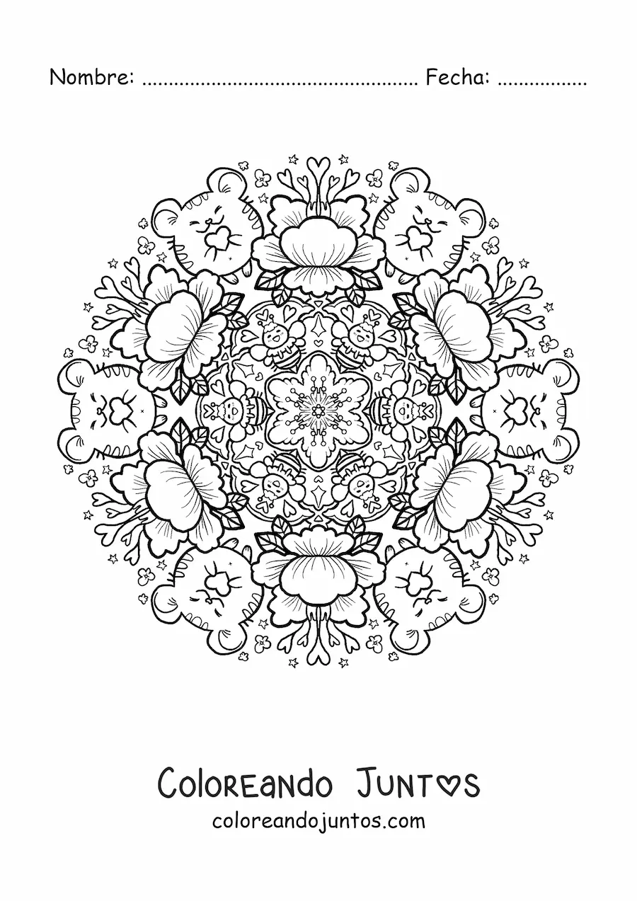 Imagen para colorear de mandala de animales y flores para niños