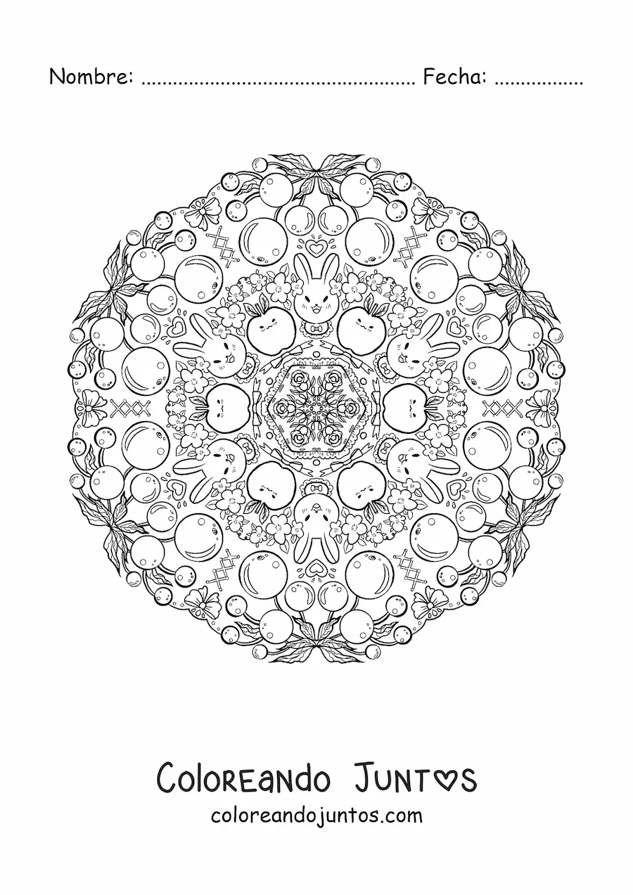 Imagen para colorear de mandala de conejos y frutas para niños
