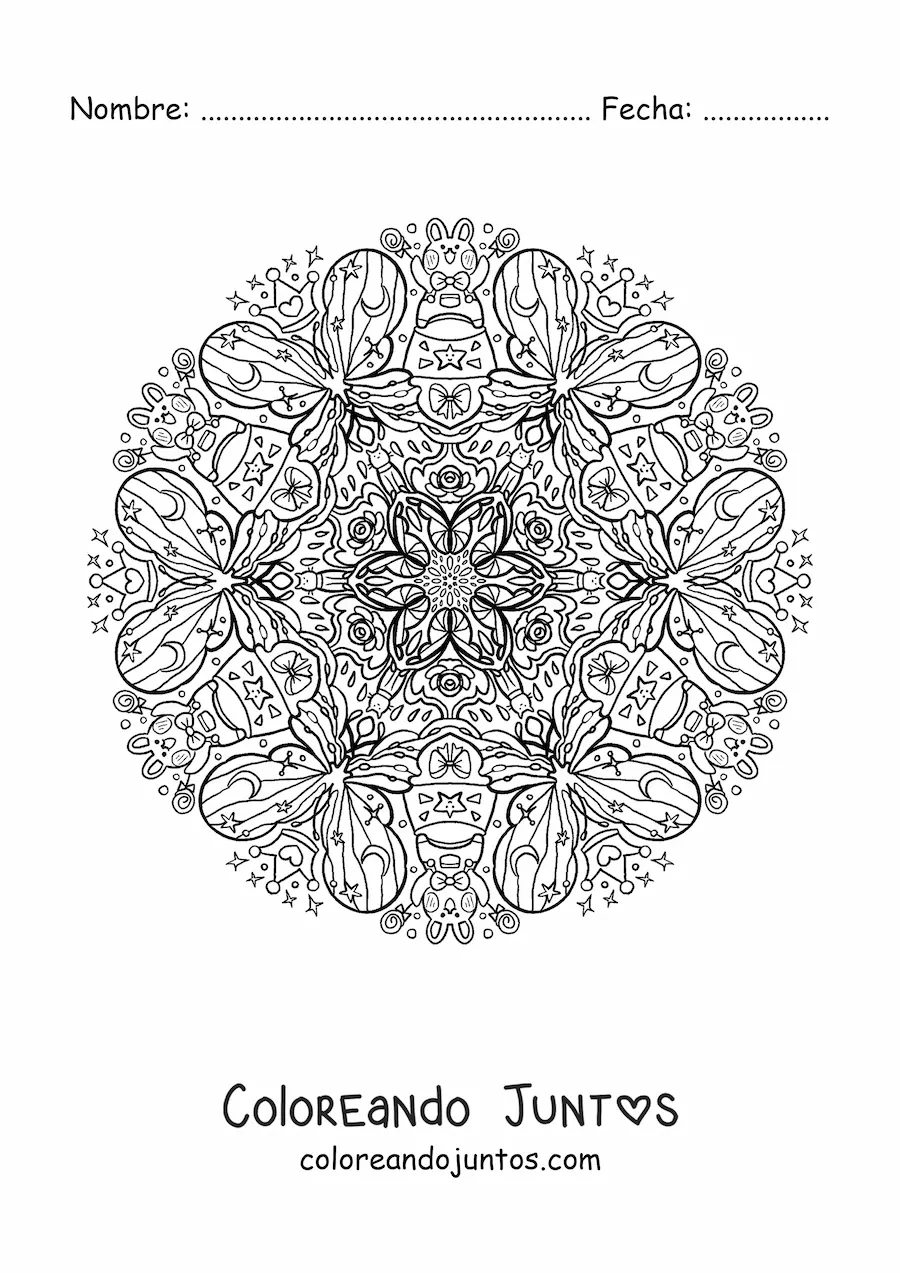 Imagen para colorear de mandala de mariposas y conejos para niños