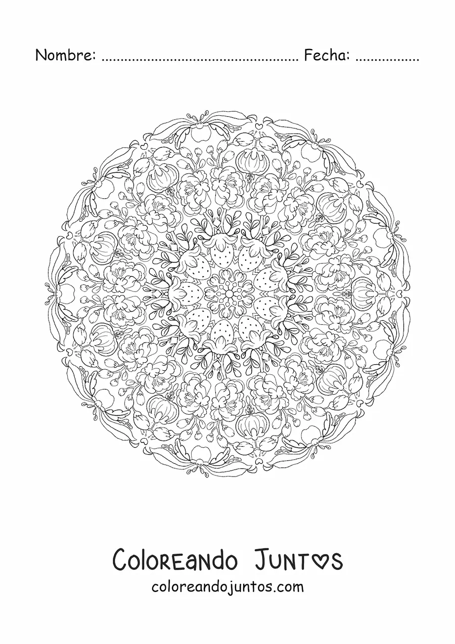 Imagen para colorear de mandala de fresas y flores para niños