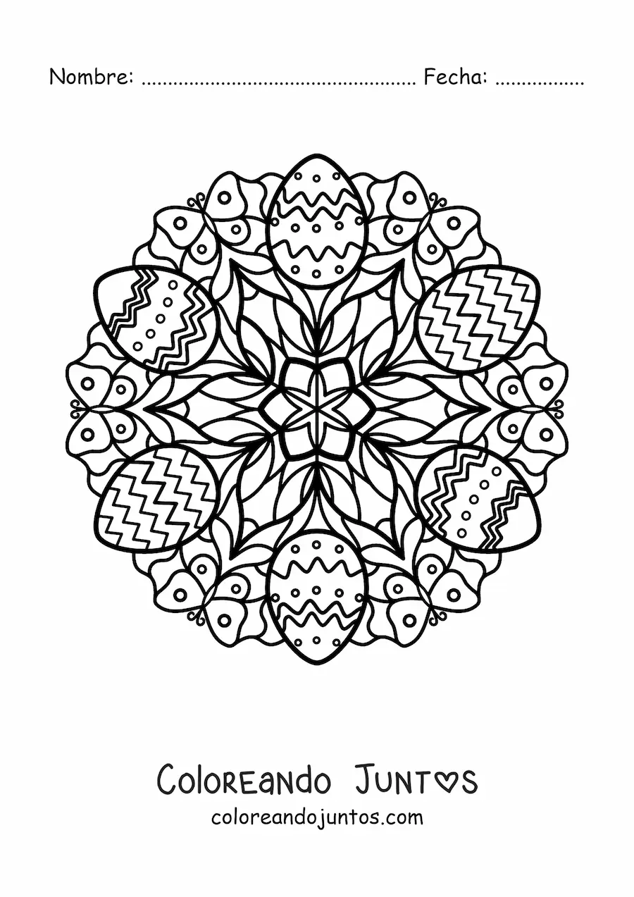 Imagen para colorear de mandala de huevos de Pascua y mariposas para niños