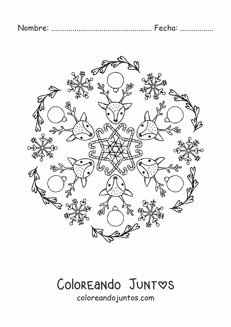 Imagen para colorear de mandala de renos y bolas de Navidad para niños