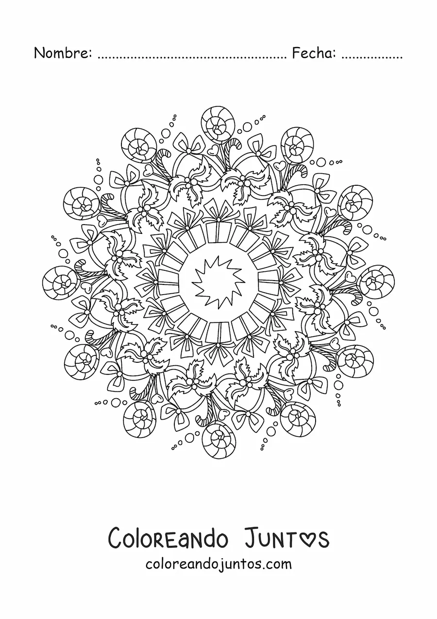 Imagen para colorear de mandala de regalos y dulces de Navidad
