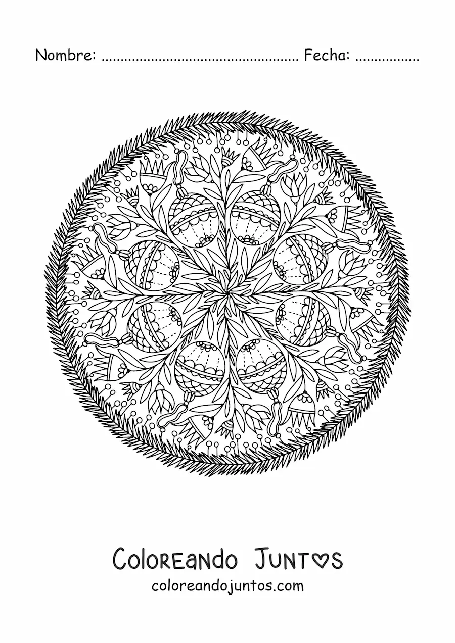 Imagen para colorear de mandala con bolas de Navidad