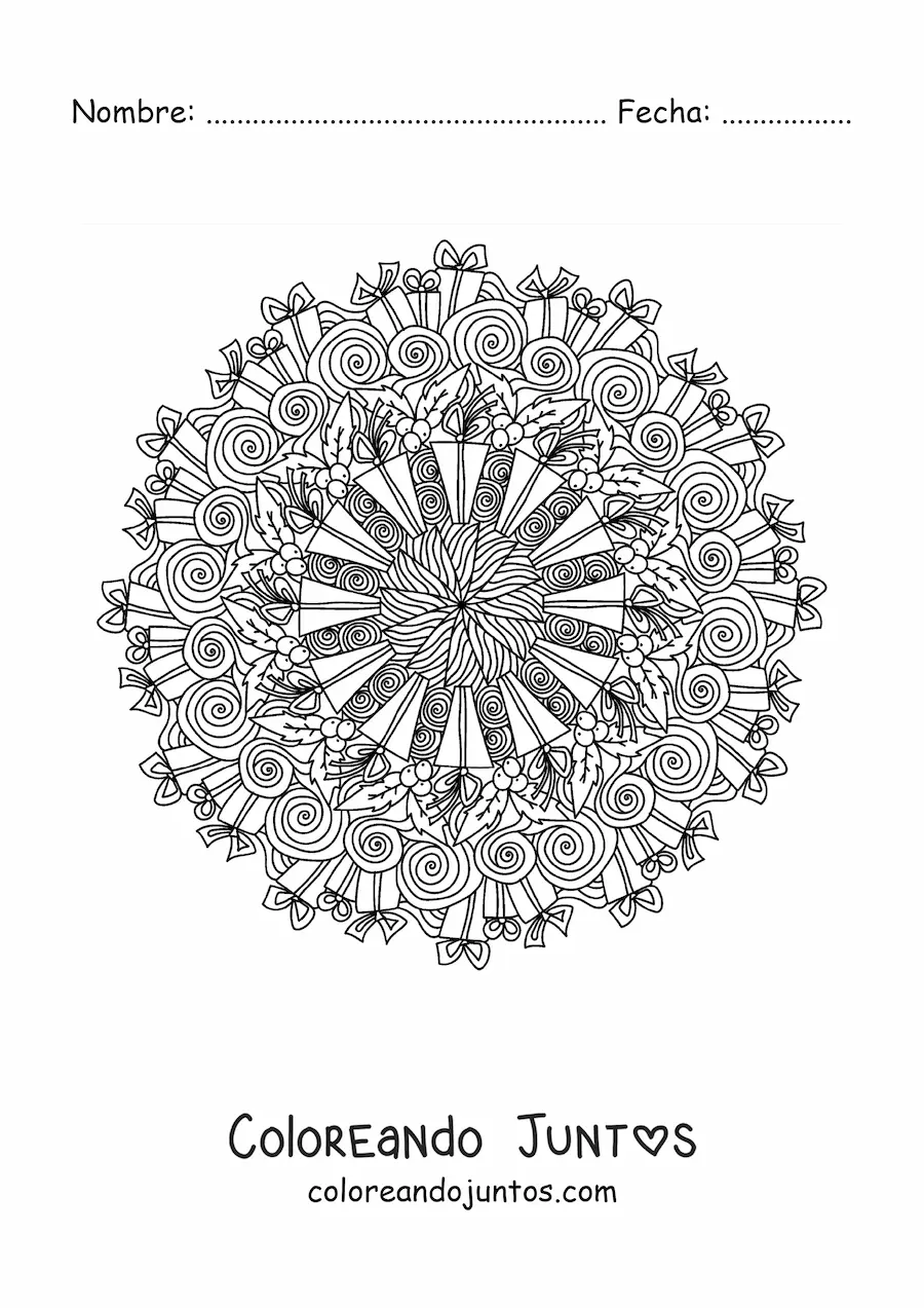 Imagen para colorear de mandala de Navidad con regalos