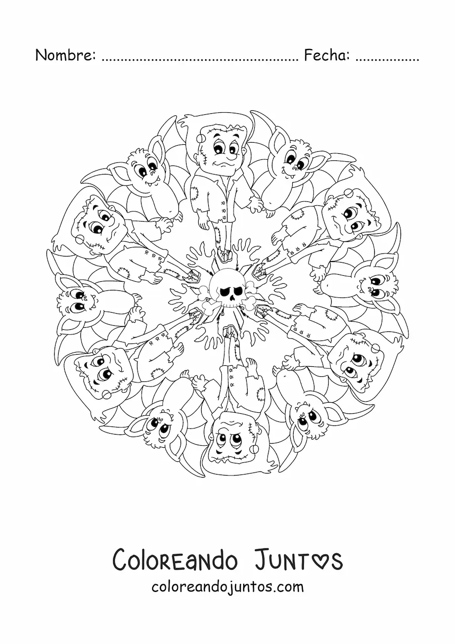 Imagen para colorear de mandala de Halloween con frankenstein y calavera