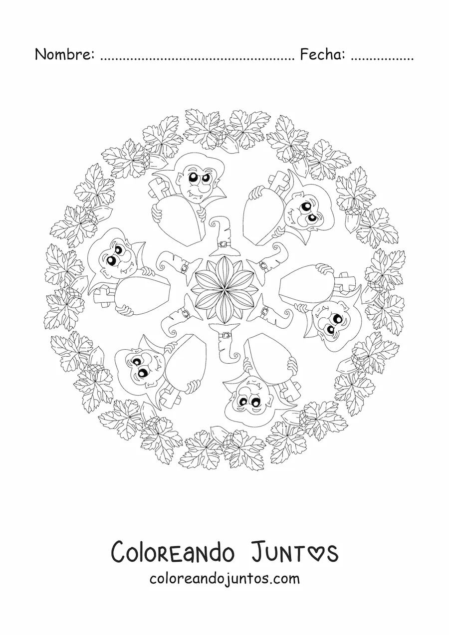 Imagen para colorear de mandala de Halloween con vampiro y ataúd