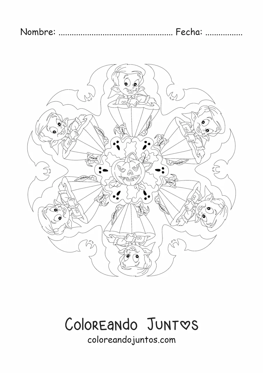 Imagen para colorear de mandala de Halloween con vampiro y calabaza