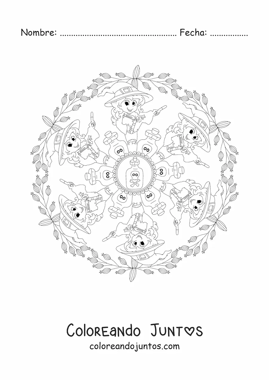 Imagen para colorear de mandala de Halloween con bruja y pociones