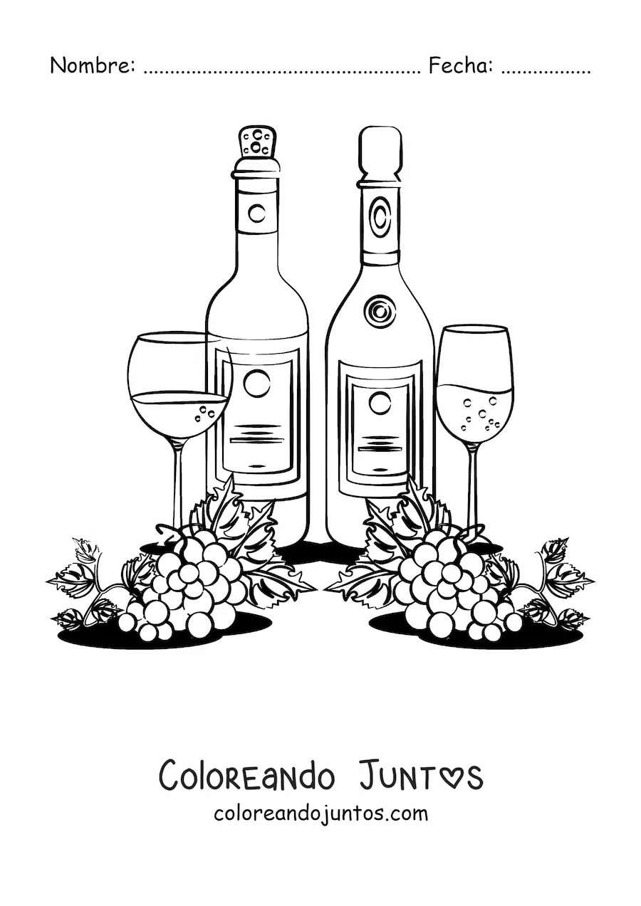 Imagen para colorear de varias uvas junto a dos botellas y dos copas de vino