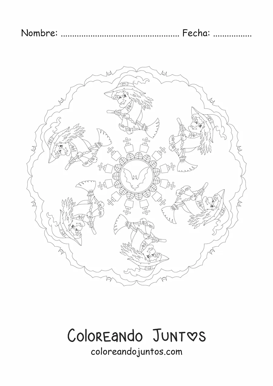 Imagen para colorear de mandala de Halloween con bruja y murciélagos