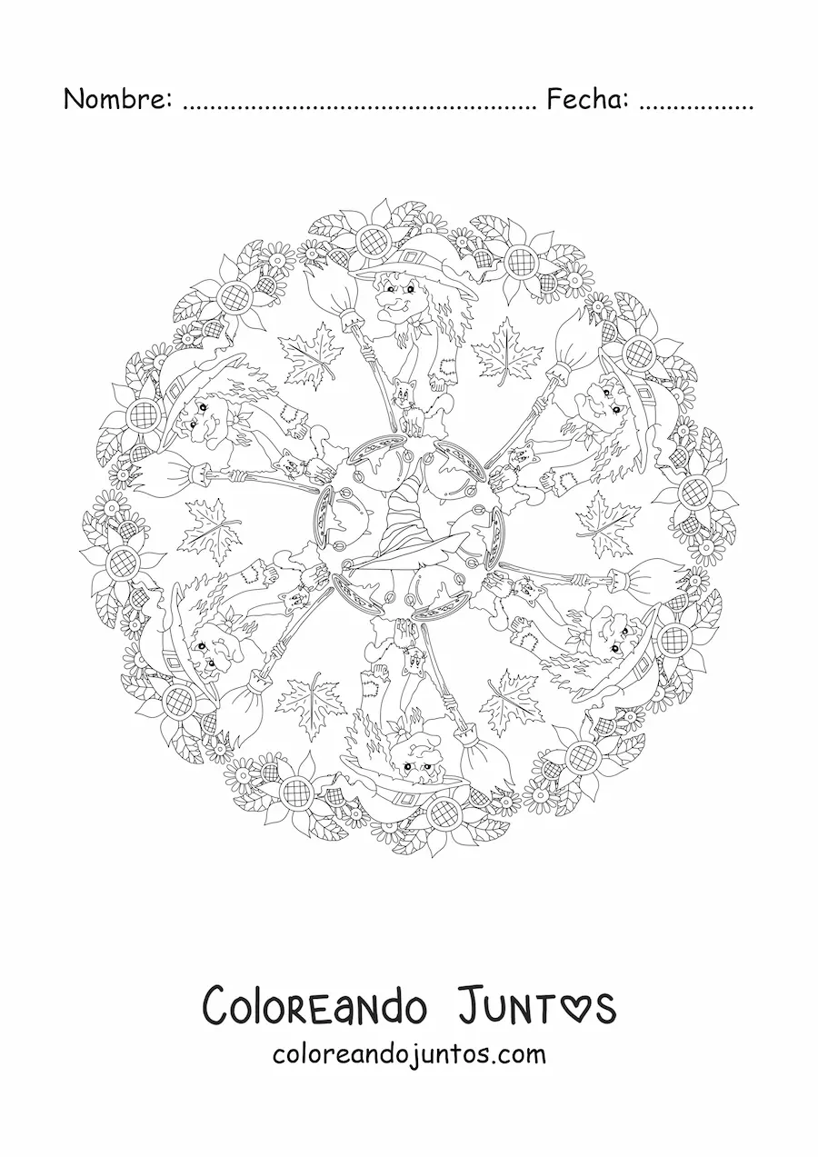 Imagen para colorear de mandala de Halloween con bruja y sombrero