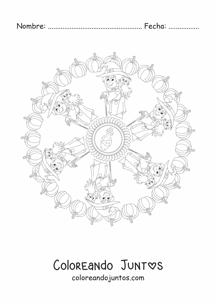 Imagen para colorear de mandala de Halloween con bruja y gato