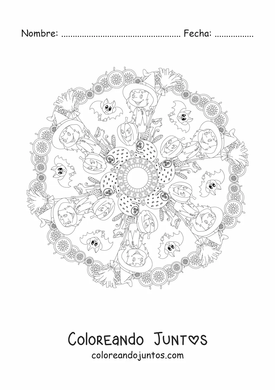 Imagen para colorear de mandala de Halloween con bruja y calabaza